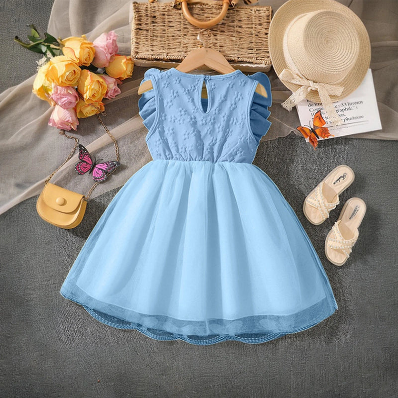 Girls Sky Blue Butterfly Applique Flutter Sleeve Fit & Flare Party Dress Party Dresses
