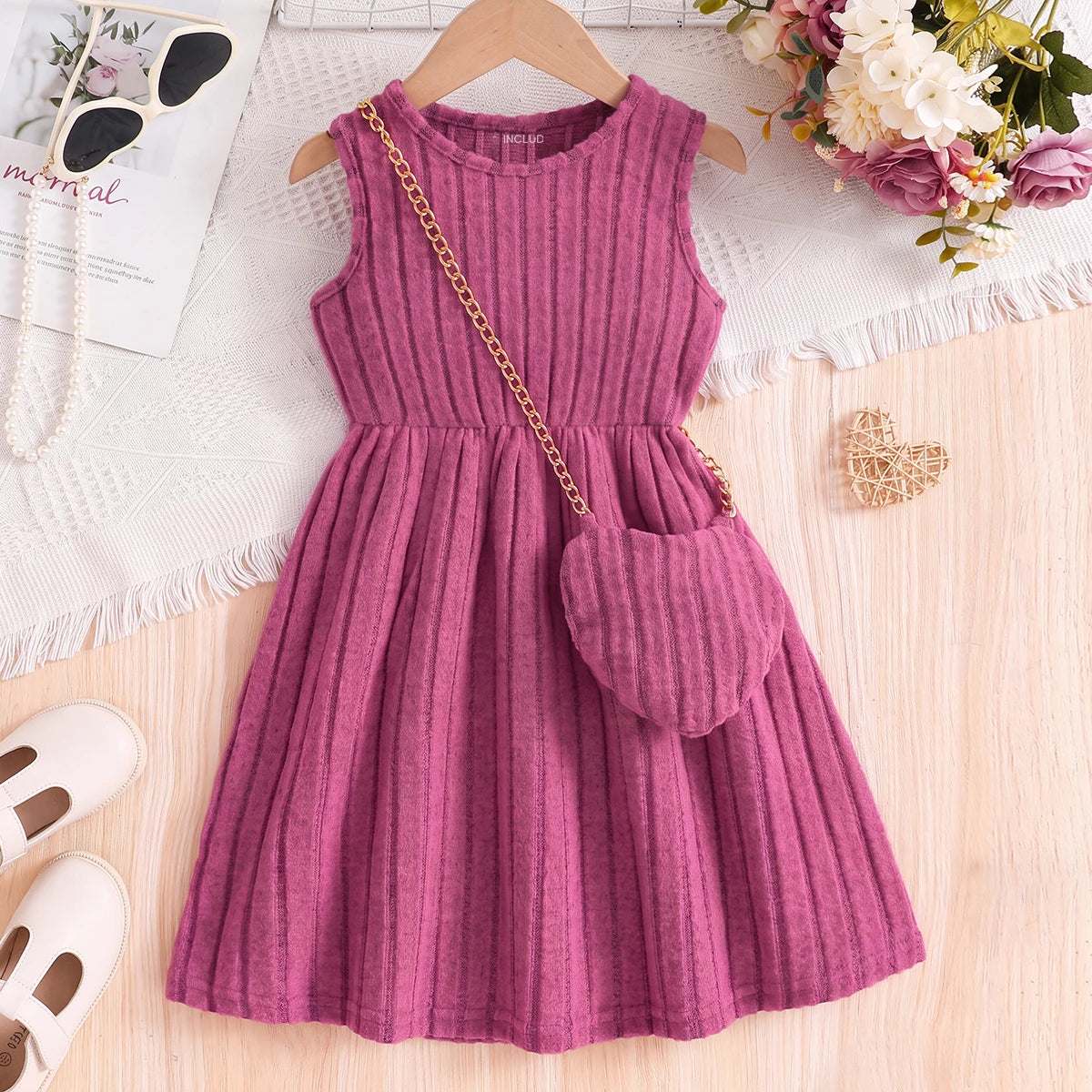 Girls Pink Textured Sleeveless A-line Dress Casual Dresses Pink 3-4 Y