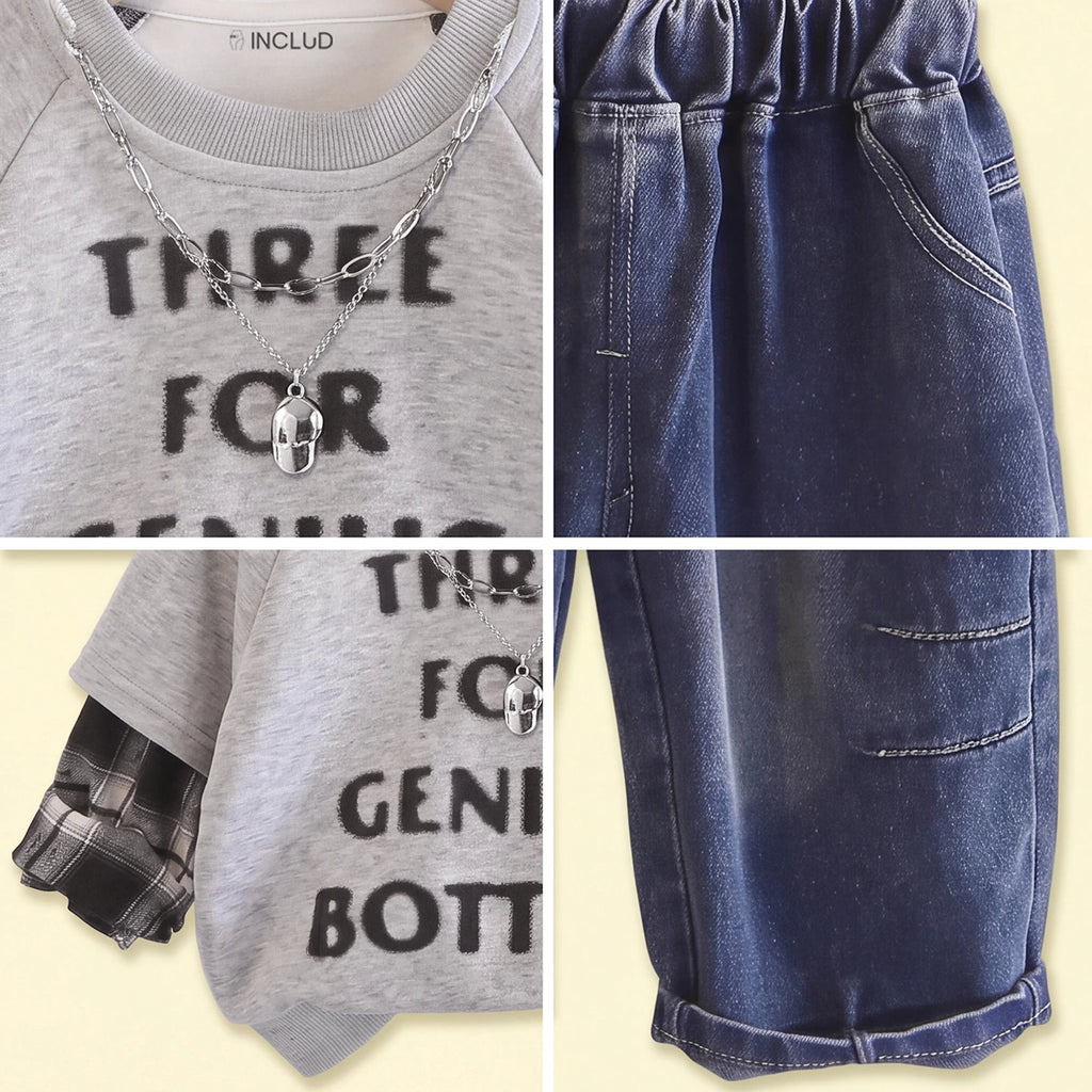 Boys Light Grey Typography Sweatshirt With Denim Pants 2 pc. Sets