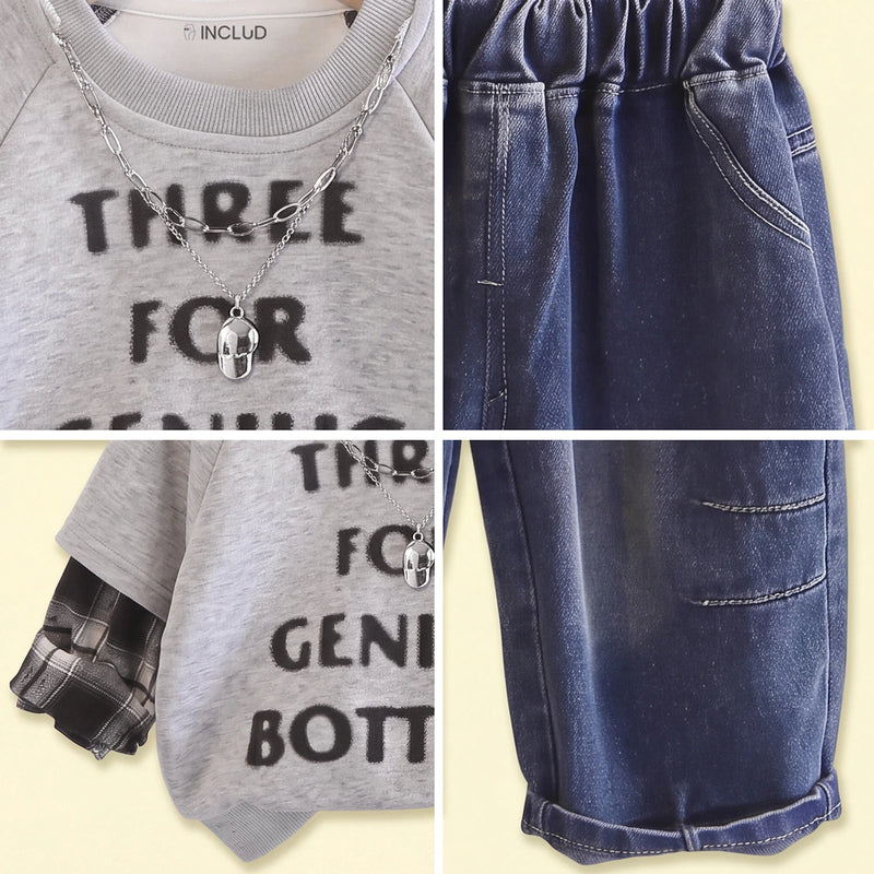 Boys Light Grey Typography Sweatshirt With Denim Pants 2 pc. Sets