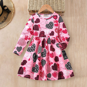 Girls Pink Heart Printed Long Sleeves Fit And Flared Dress Casual Dresses Pink 3-4 Y
