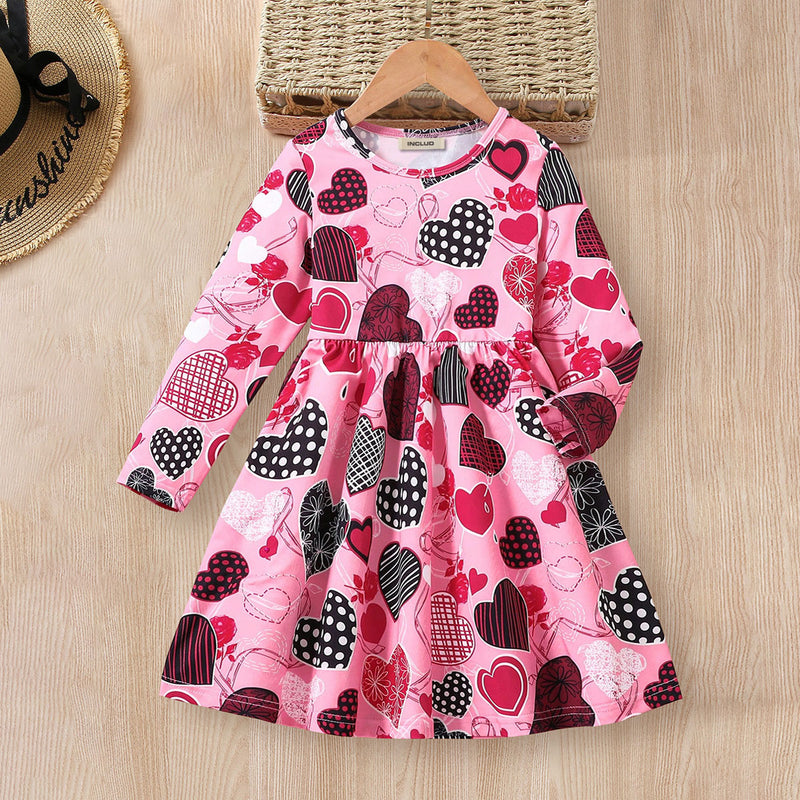 Girls Pink Heart Printed Long Sleeves Fit And Flared Dress Casual Dresses Pink 3-4 Y