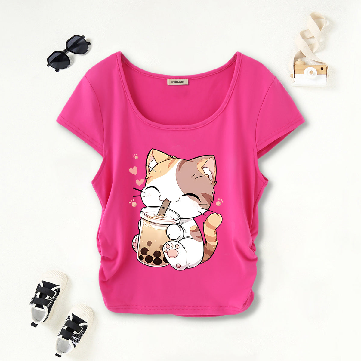Girls Fuchsia Cat Graphic Short Sleeves Scoop Neck T-Shirt Tshirts Fuchsia 7-8 Y