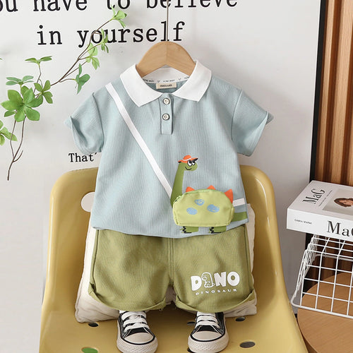 Boys Light Blue Dinosaur Applique Polo T-Shirt With Shorts Set Sets Light Blue 1-2 Y