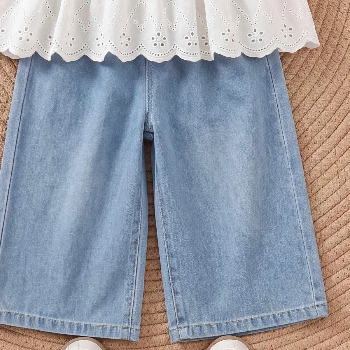 Girls Blue Schiffli Peplum Top With Denim Pants Sets 2 pc. Sets