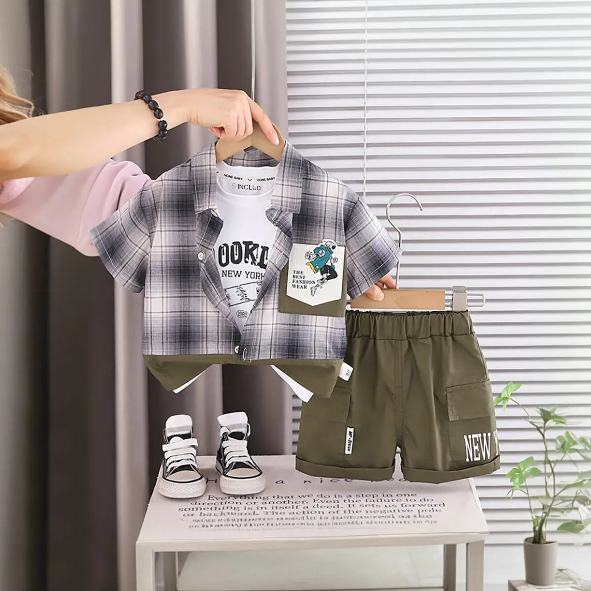 Boys Grey Checked Short Sleeve Shirt With Printed T-Shirt And Denim Shorts Sets 3 pc. Sets Grey 1-2 Y