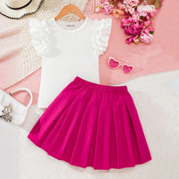 Girls White Textured Flutter Sleeve Top With Pleated Skirt Sets Sets White 7-8 Y