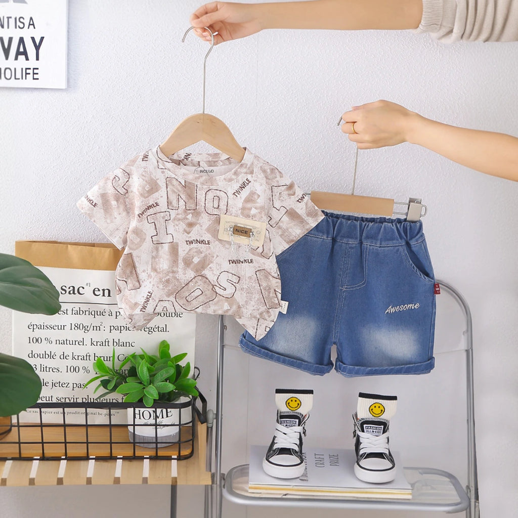 Boys Light Brown Typographic Print T-Shirt With Denim Shorts Set Sets Light Brown 1-2 Y