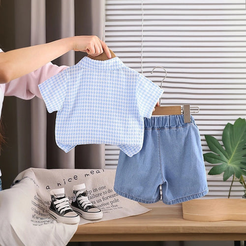 Boys Blue Checked Short Sleeve Shirt With Denim Shorts Sets 2 pc. Sets