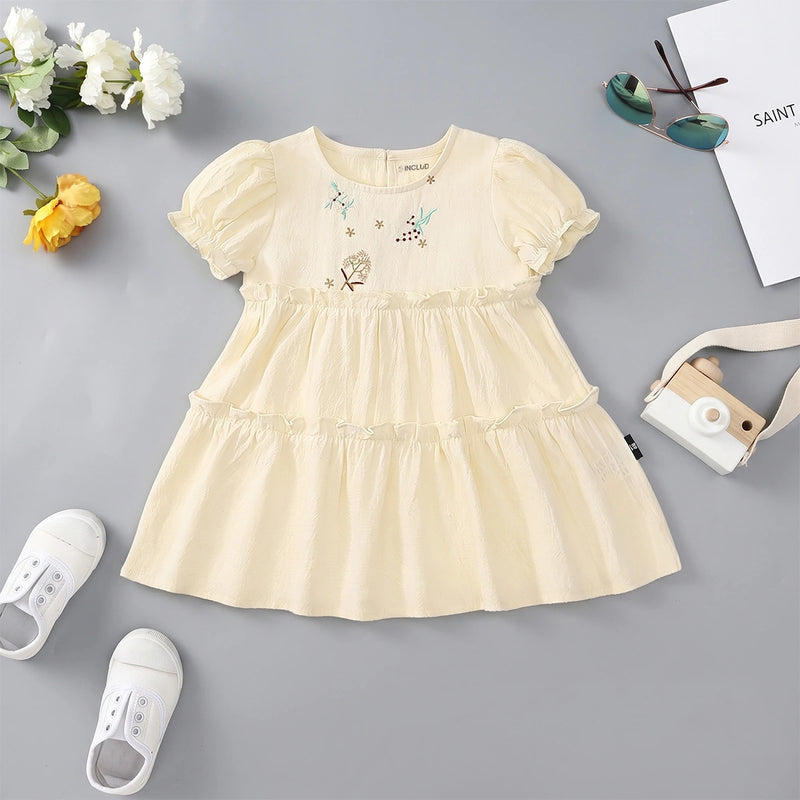 Girls Beige Floral Embroidered Puff Sleeve Tiered Dress Casual Dresses Beige 2-3 Y