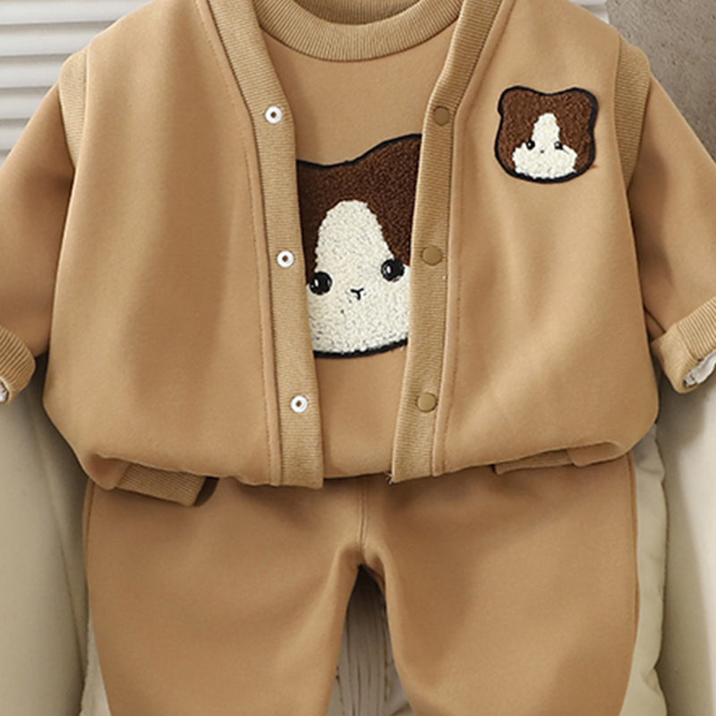 Boys Khaki Cat Face Appliqued Sweatshirt With T-Shirt And Pants Set 3 pc. Sets