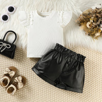 Girls White Ribbed Flutter Sleeve Top With Faux Leather Shorts Sets 2 pc. Sets White 1-2 Y