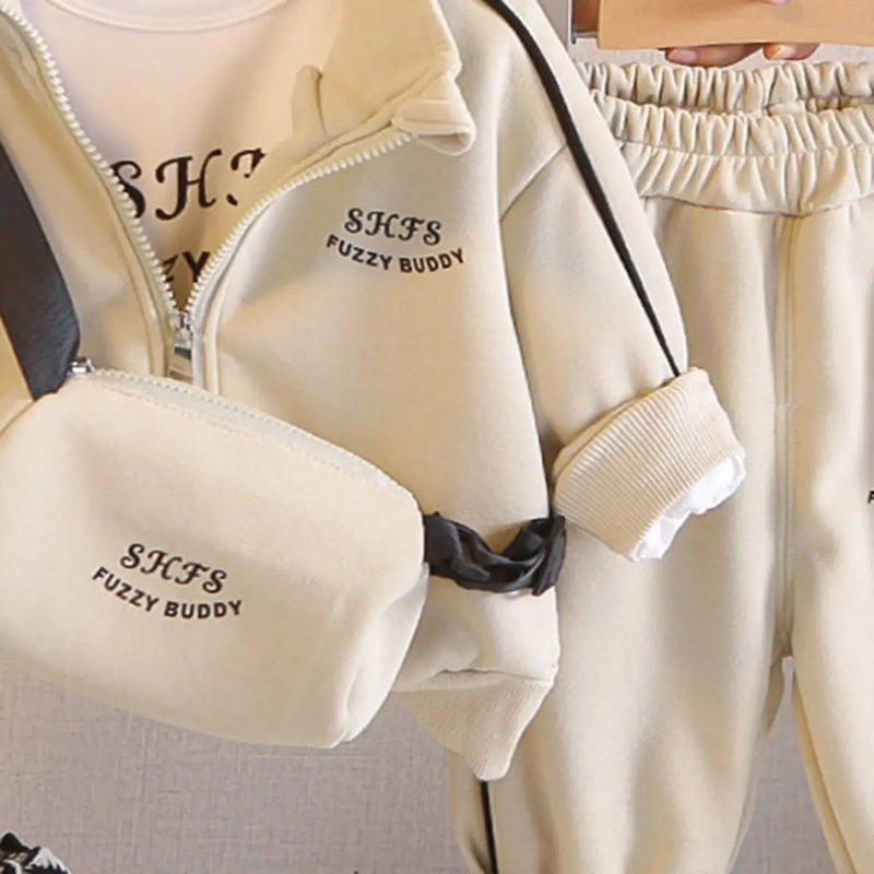 Boys Beige Typographic Printed Zip-up Jacket & Jogger With T-Shirt & Sling Bag Sets Sets