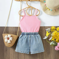 Girls Light Pink Sleeveless Top With Floral Printed Denim Shorts Sets 2 pc. Sets