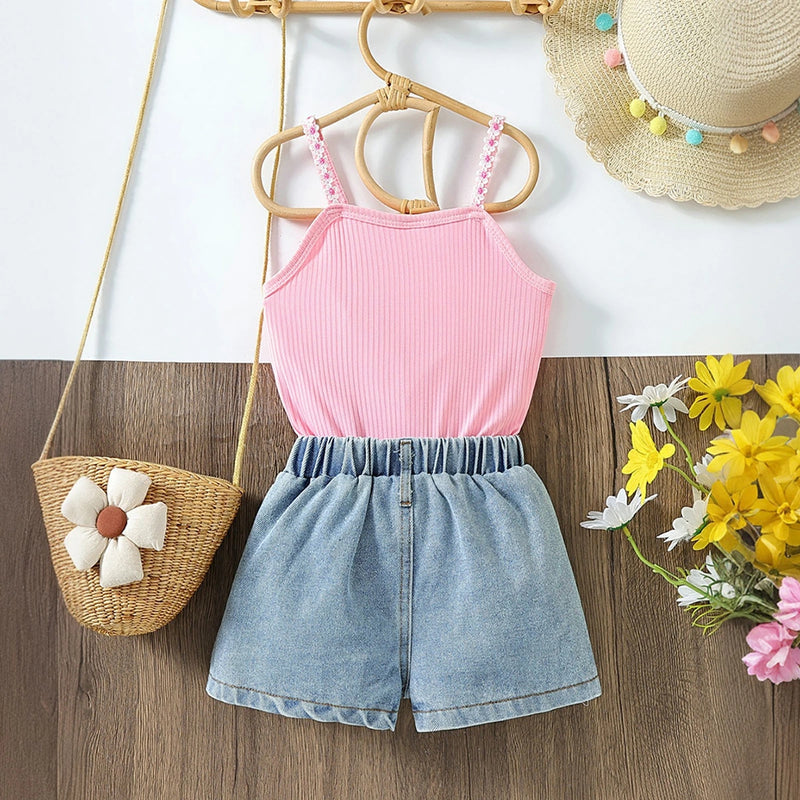 Girls Light Pink Sleeveless Top With Floral Printed Denim Shorts Sets 2 pc. Sets