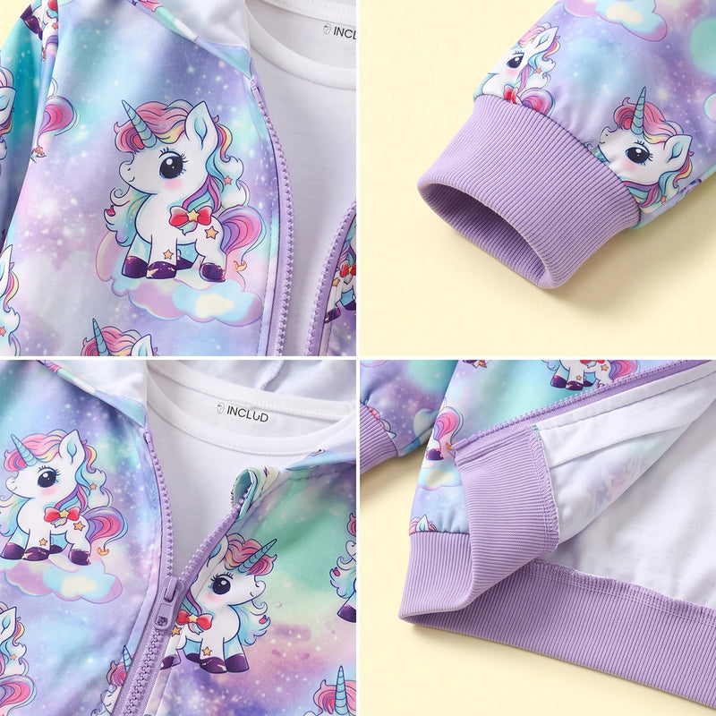 Girls Multicolour Unicorn Print Long Sleeve Hooded Jacket Coats & Jackets