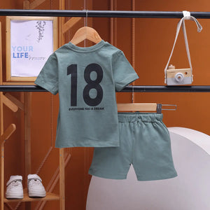 Boys Green Typographic Printed Short Sleeve T-Shirt With Shorts Sets 2 pc. Sets
