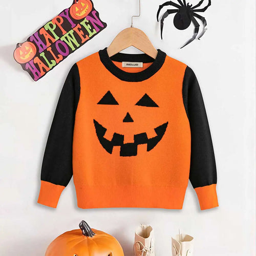 Boys Orange Sweater With Self-Design Halloween-Themed Pattern Sweaters & Cardigans Orange 3-4 Y