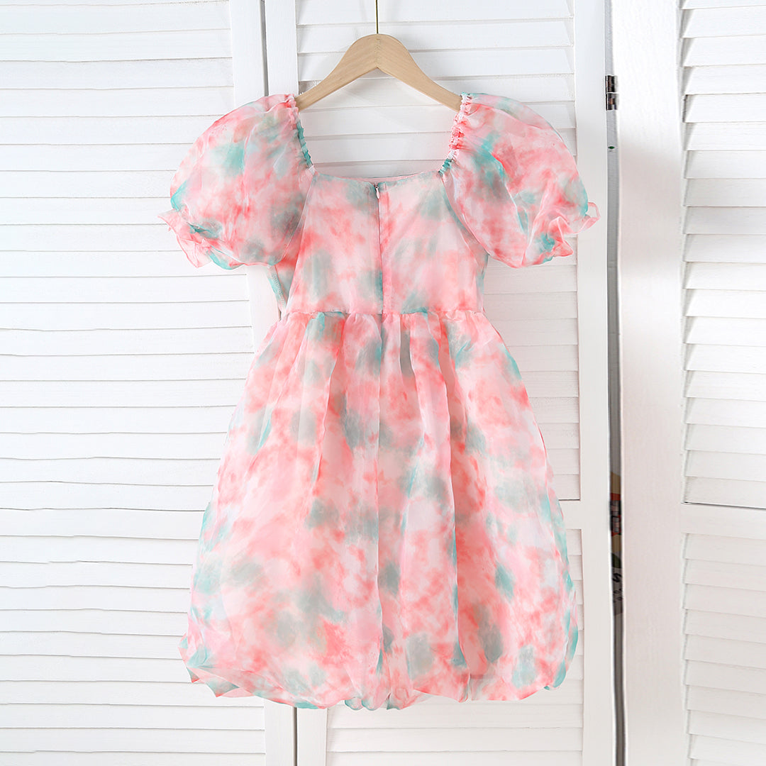 Girls Peach Puff Sleeve Square Neck Balloon Dress Casual Dresses