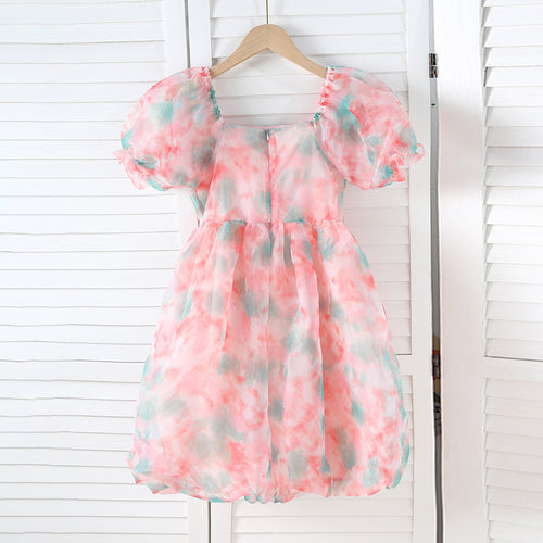 Girls Peach Puff Sleeve Square Neck Balloon Dress Casual Dresses
