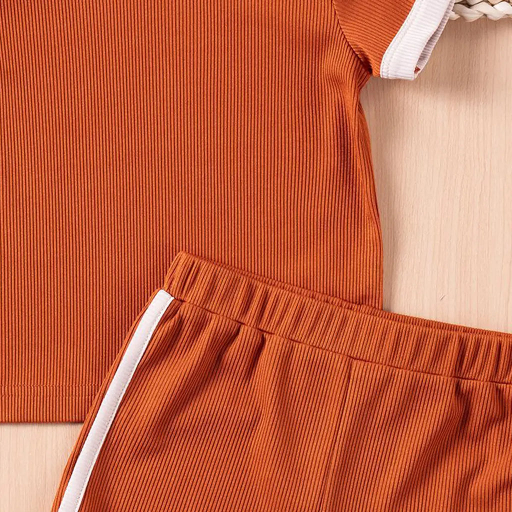 Girls Rust Orange Ribbed Contrast Trims T-Shirt & Shorts Co-ord Sets Sets