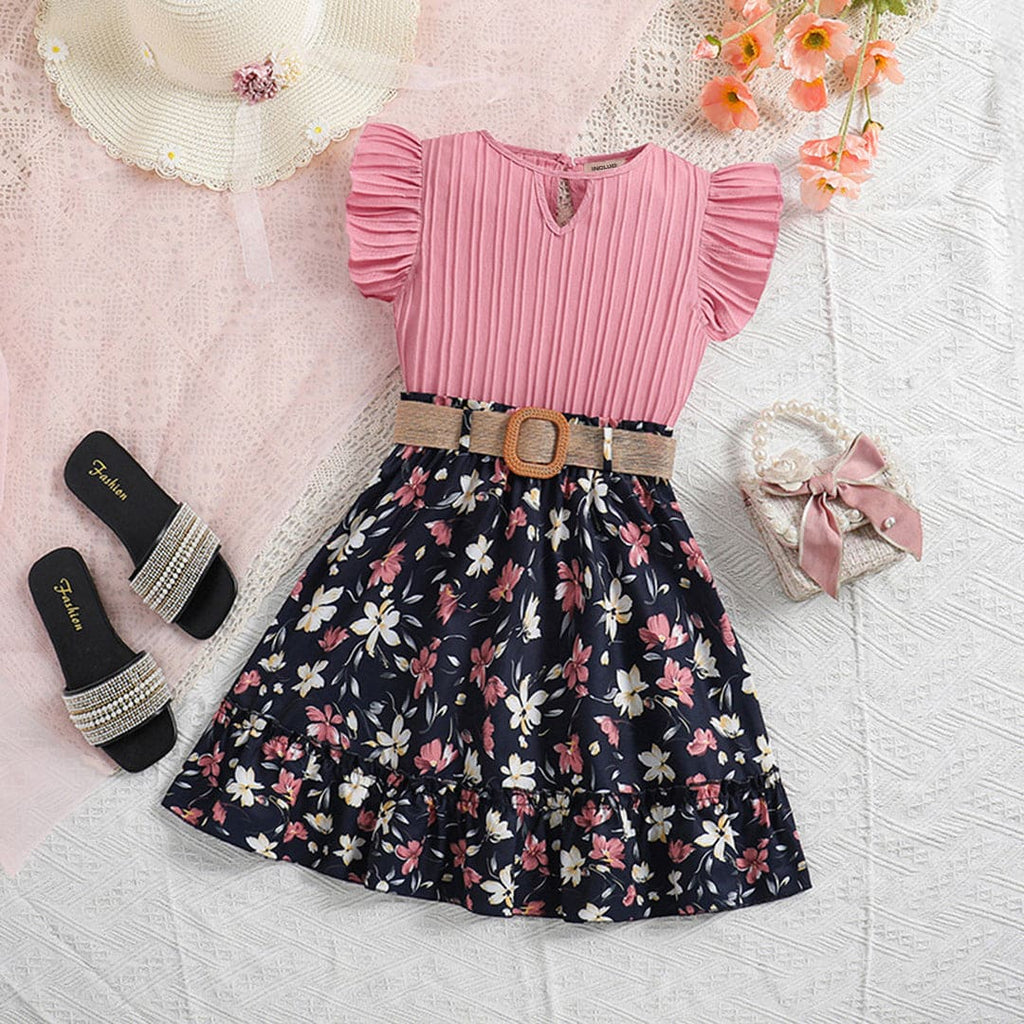 Girls Short Sleeve Top With Floral Print Skirt Set