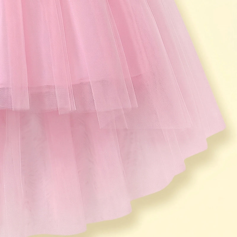 Girls light pink sleeveless high-low party dress with sequin floral applique