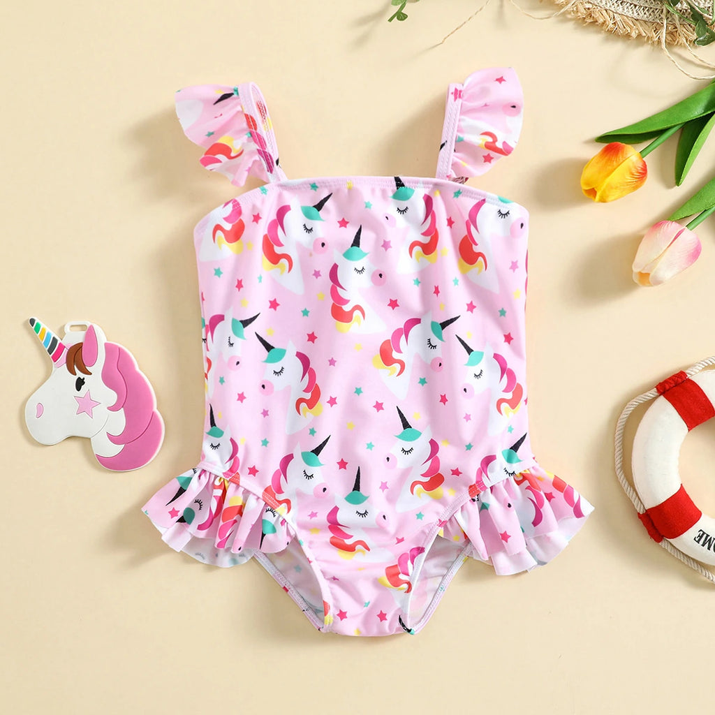 Girls Pink Unicorn Printed Sleeveless Bodysuit Swimwear Beachwear Pink 1-2 Y