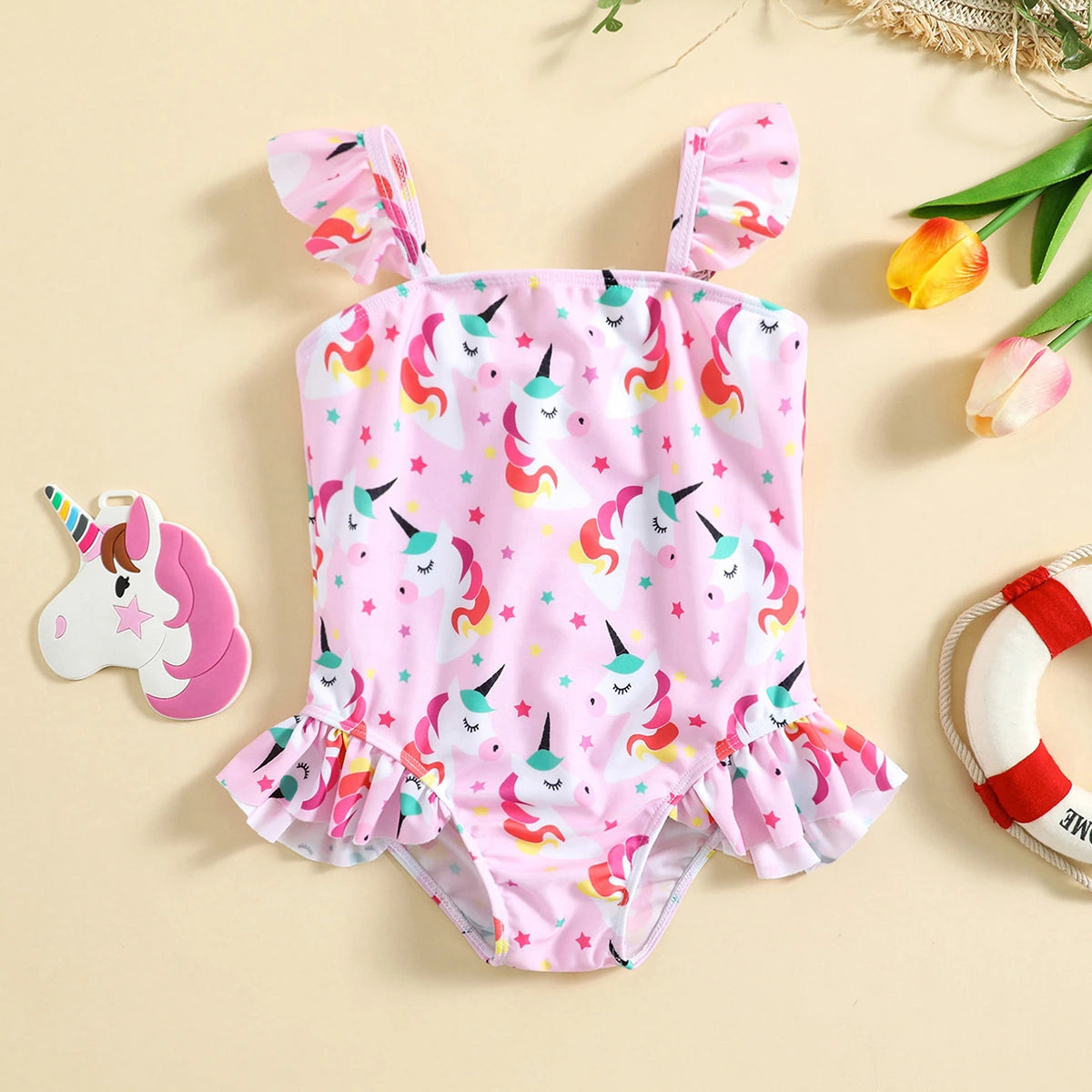 Girls Pink Unicorn Printed Sleeveless Bodysuit Swimwear Beachwear Pink 1-2 Y