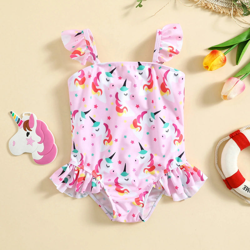 Girls Pink Unicorn Printed Sleeveless Bodysuit Swimwear Beachwear Pink 1-2 Y