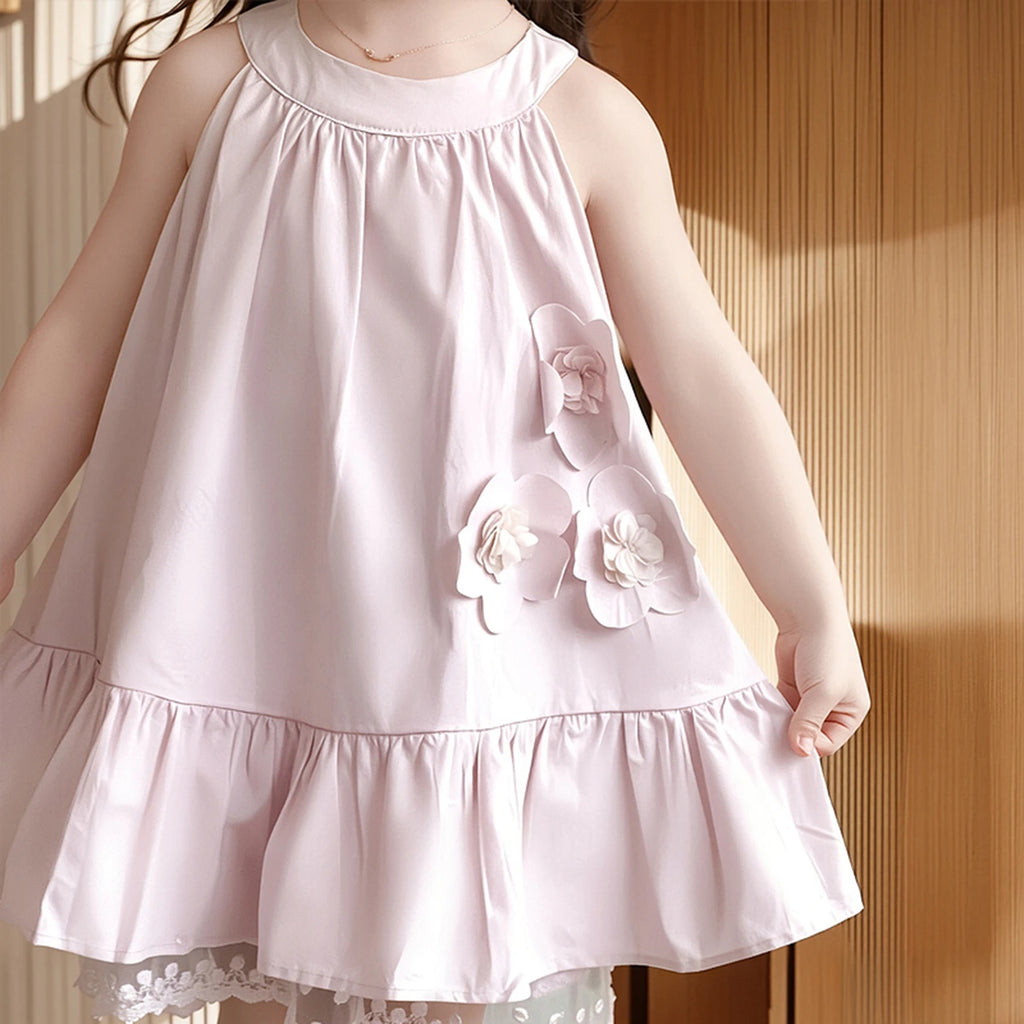 Girls Pink Flowers Applique Sleeveless Summer A-line Dress Casual Dresses