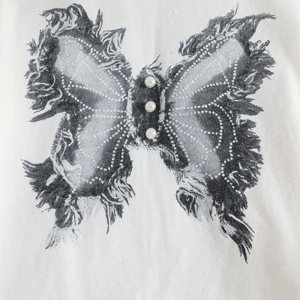Girls White Butterfly Print T-Shirt With Pearl Embellished Denim Jeans Sets 2 pc. Sets