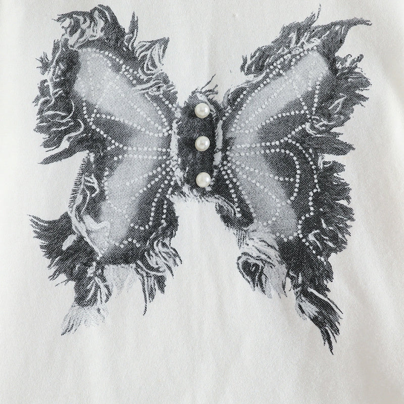 Girls White Butterfly Print T-Shirt With Pearl Embellished Denim Jeans Sets 2 pc. Sets