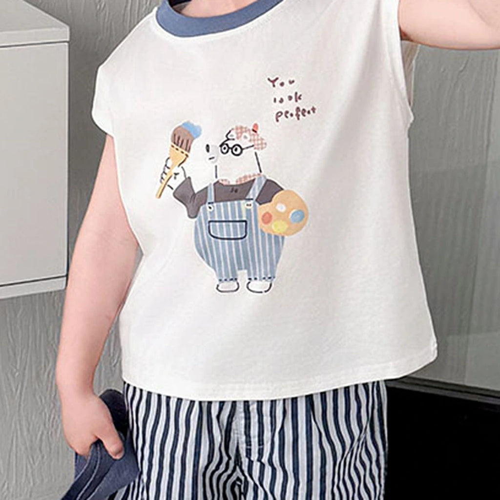 Boys White Bear Graphic Sleeveless T-Shirt With Striped Shorts Sets Sets