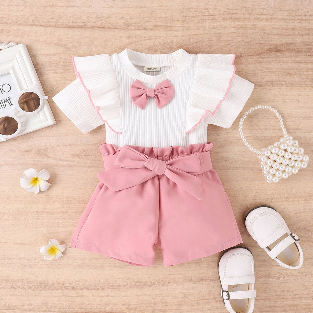 Girls Short Sleeves Top with Paperbag Waist Shorts Set