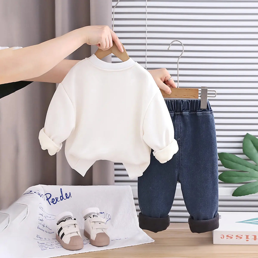 Boys White Typographic Printed Sweatshirt With Denim Pants Set Sets