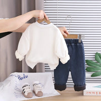 Boys White Typographic Printed Sweatshirt With Denim Pants Set Sets