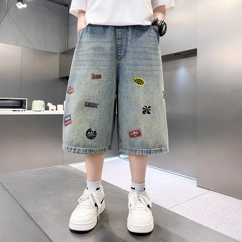 Boys Light Blue Graphic Print Denim Shorts Shorts