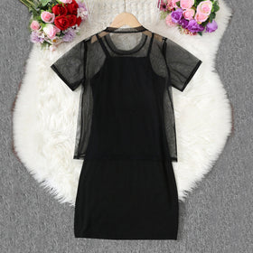 Girls Black Bodycon Dress With Sequin Lip Mesh Sheer Top Casual Dresses