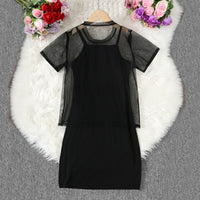 Girls Black Bodycon Dress With Sequin Lip Mesh Sheer Top Casual Dresses