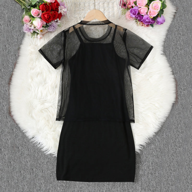 Girls Black Bodycon Dress With Sequin Lip Mesh Sheer Top Casual Dresses