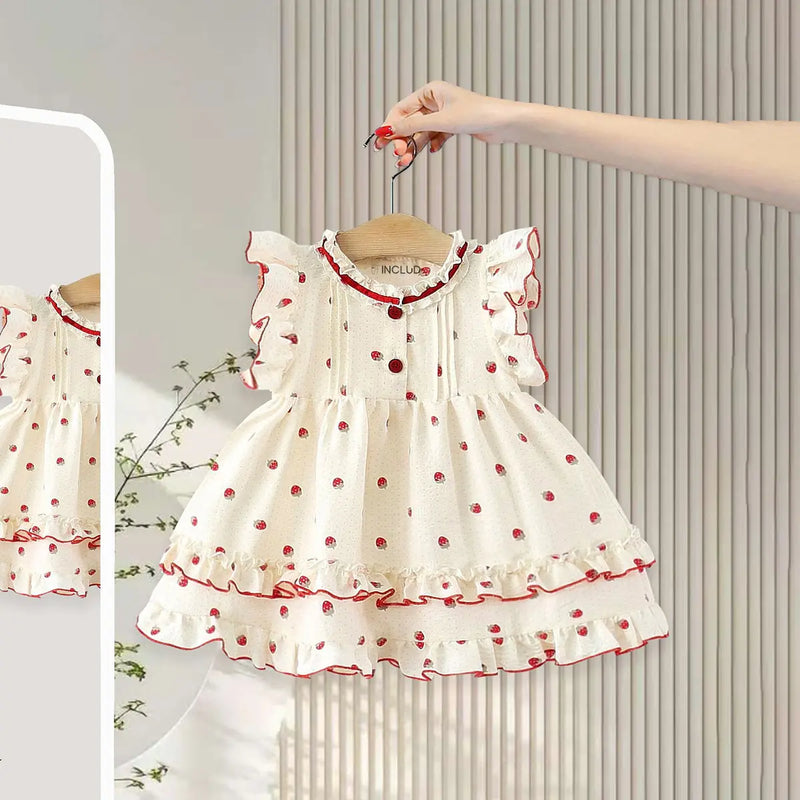 Girls Apricot Strawberry Printed Ruffle Fit & Flare Casual Dress Casual Dresses Apricot 1-2 Y