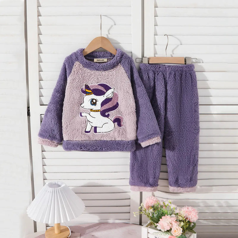 Girls Purple Polar Fleece Unicorn Embroidered Sweatshirt With Pants Sets Sets Purple 1-2 Y