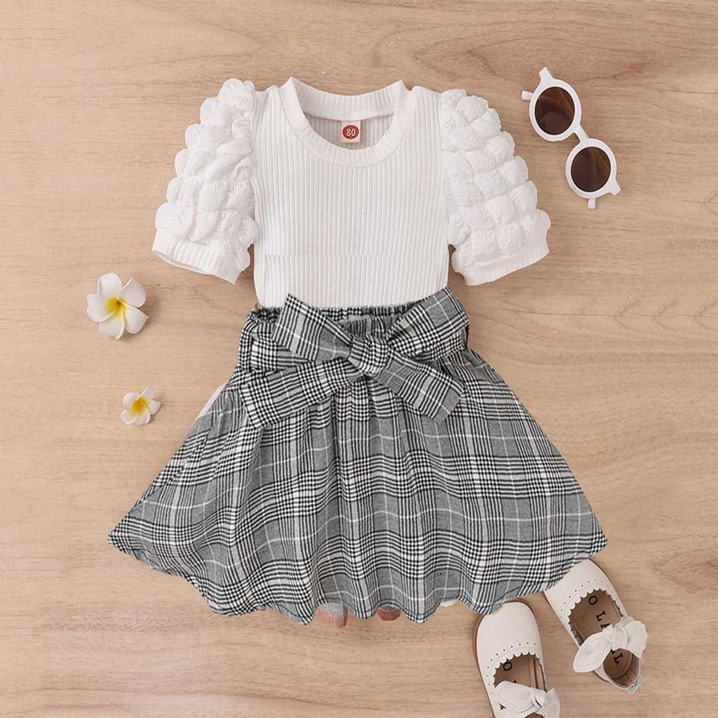 Girls Short Sleeve Knitted Top With Plaid Skirt Set