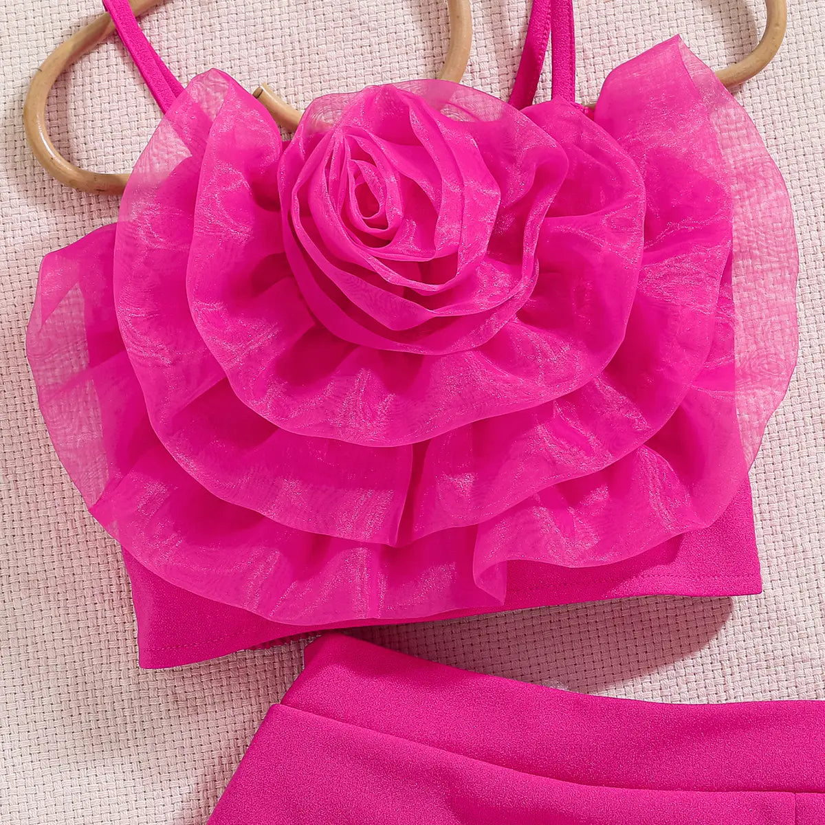 Girls Pink 3D Flower Applique Crop Top With Skorts &Sling Bag Sets Sets