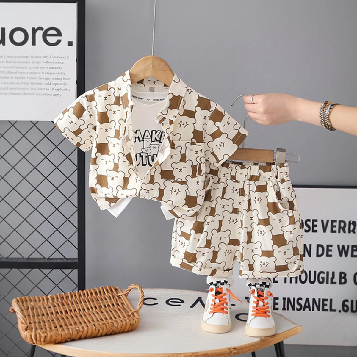 Boys Brown Bear Printed Short Sleeve Shirt With Printed T-Shirt And Shorts Sets 3 pc. Sets Brown 1-2 Y
