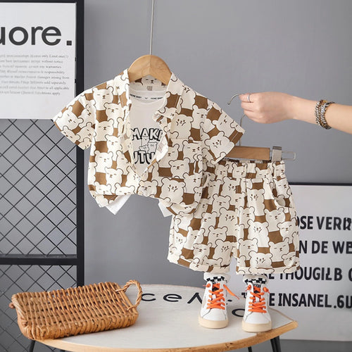 Boys Brown Bear Printed Short Sleeve Shirt With Printed T-Shirt And Shorts Sets 3 pc. Sets Brown 1-2 Y