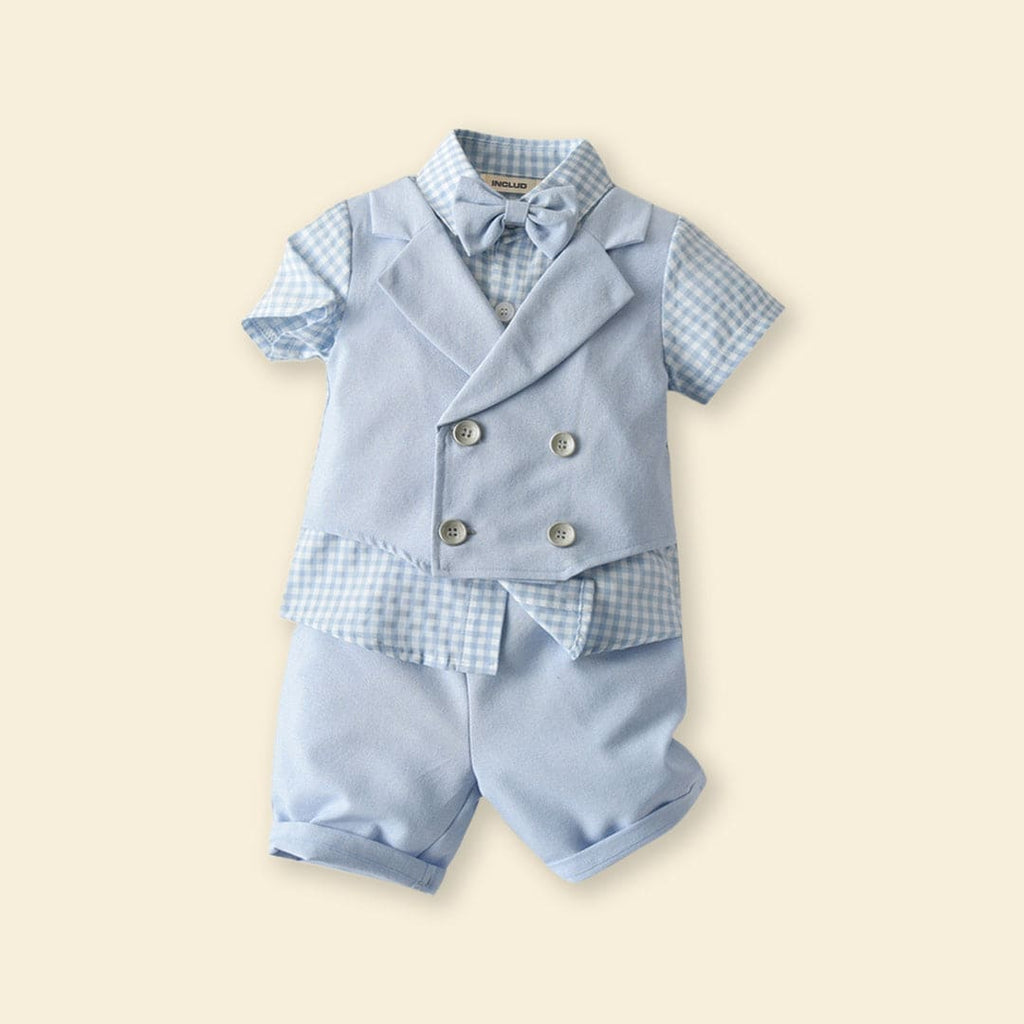 Boys Waistcoat Mock Checkered Shirt With Shorts Set Sets   