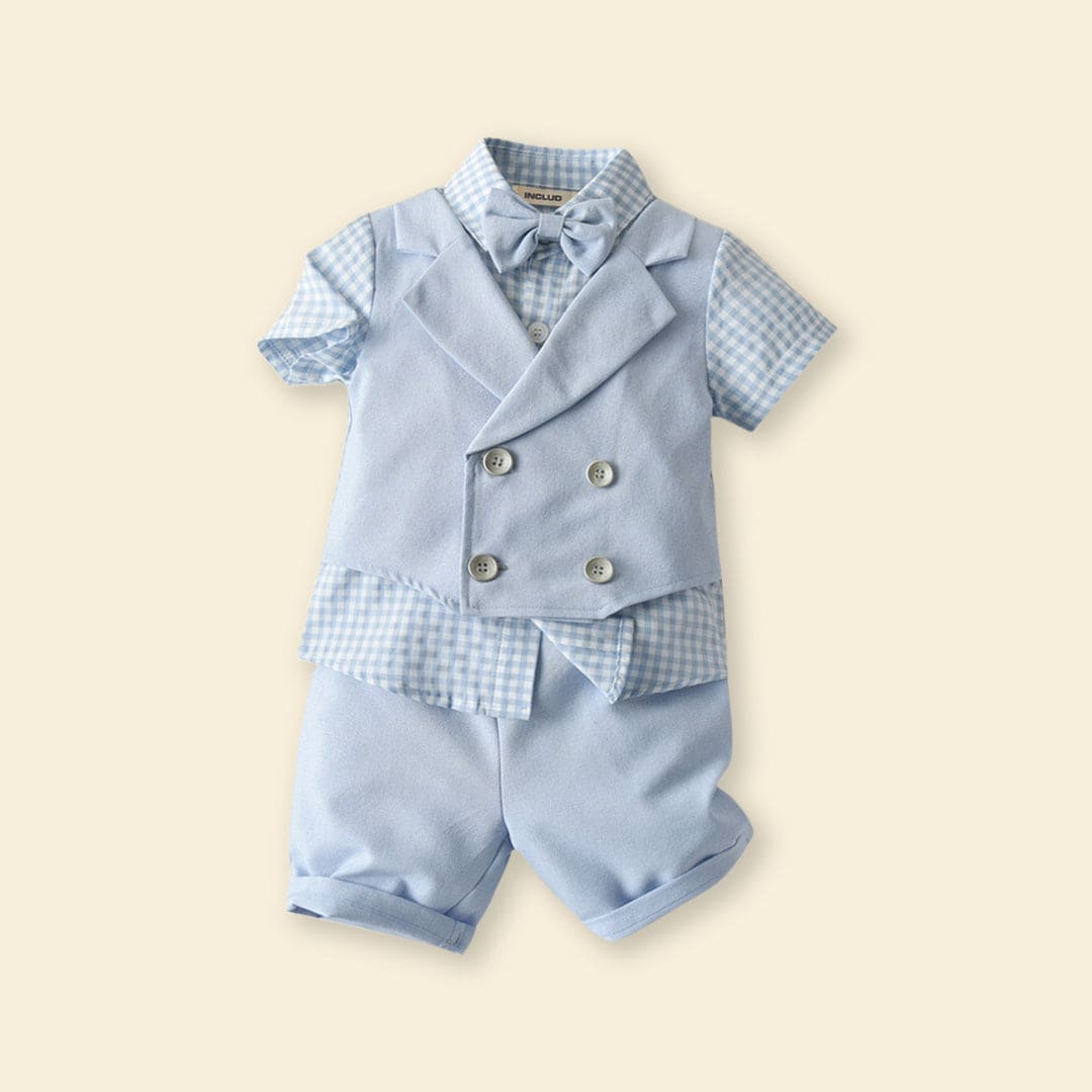 Boys Waistcoat Mock Checkered Shirt With Shorts Set Sets   