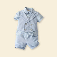 Boys Waistcoat Mock Checkered Shirt With Shorts Set Sets   